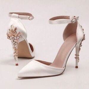 White Satin High Heel Shoes Embellished Flowers Metal Gold Detail